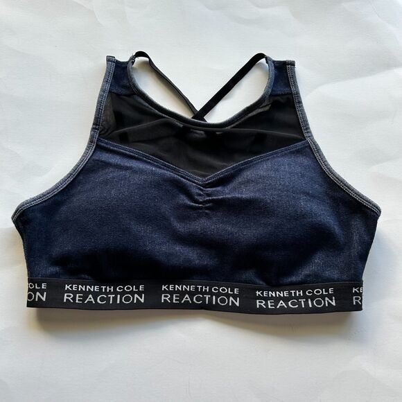 Kenneth Cole Reaction Activewear Denim Look Mesh Sports Bra Large - Picture 1 of 5